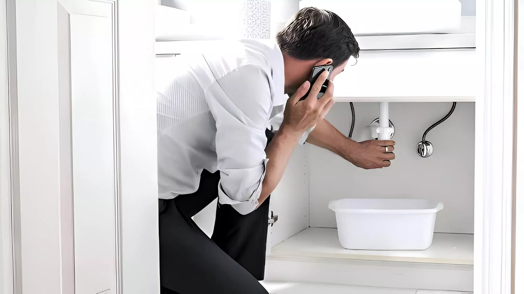man calling plumber for blocked drain pipes